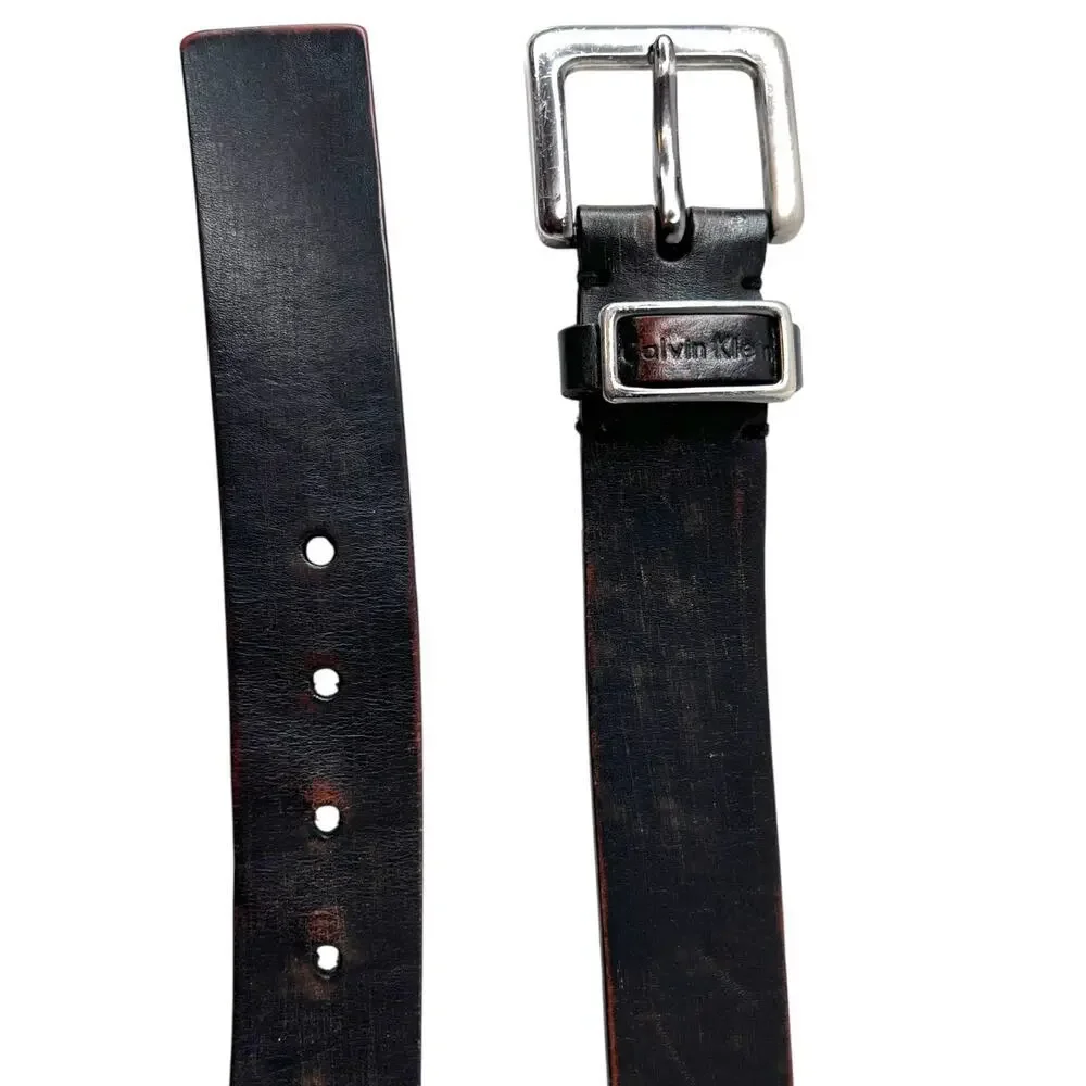 CK Leather Belt Dark Chocolate Vintage Silver Buckle Classic Casual Men 34 Waist